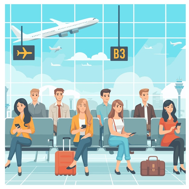 people waiting at airport hall illustration vector