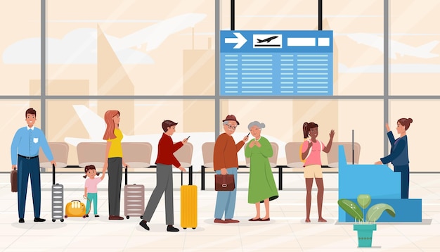 Persone in attesa dell'imbarco in aeroporto illustrazione del concetto di viaggio per le vacanze di trasporto