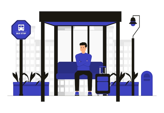 Vector people waiting at the bus stop, bus stop concept illustration