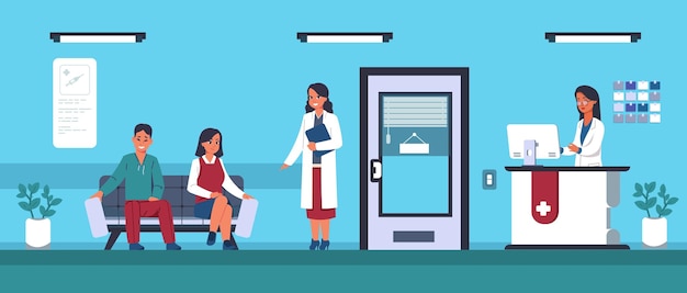 People waiting at clinic queue for doctors appointment hospital registration with friendly workers young man and woman sitting on sofa in comfortable vestibule vector illustration