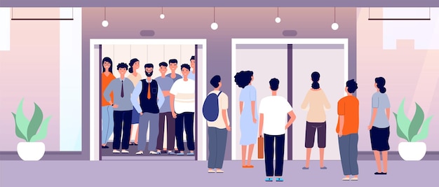 Vector people waiting elevator crowd stands persons front closed lift doors characters in office hall hotel or mall utter vector illustration