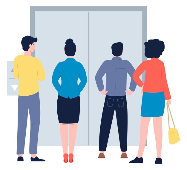 people waiting for elevator standing men and women back view