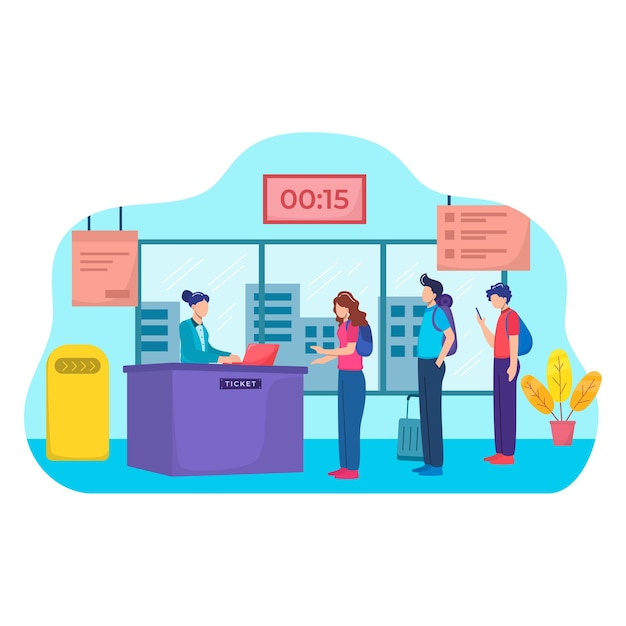 People waiting in line at ticket box or registration counter, vector flat illustration