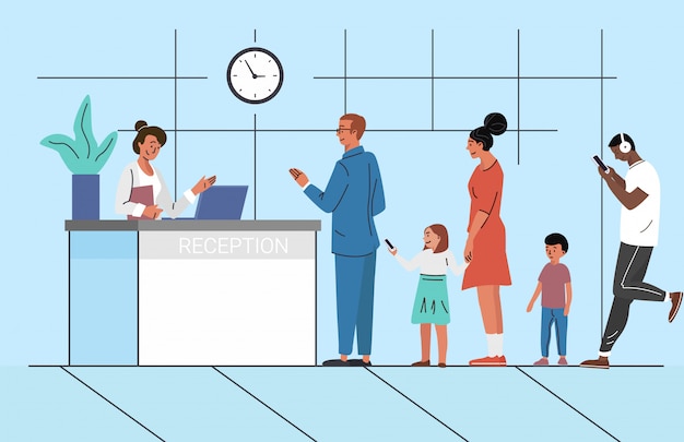 Vector people waiting in queue   illustration. bank reception. clients, customers waiting for consultation with manager concept.