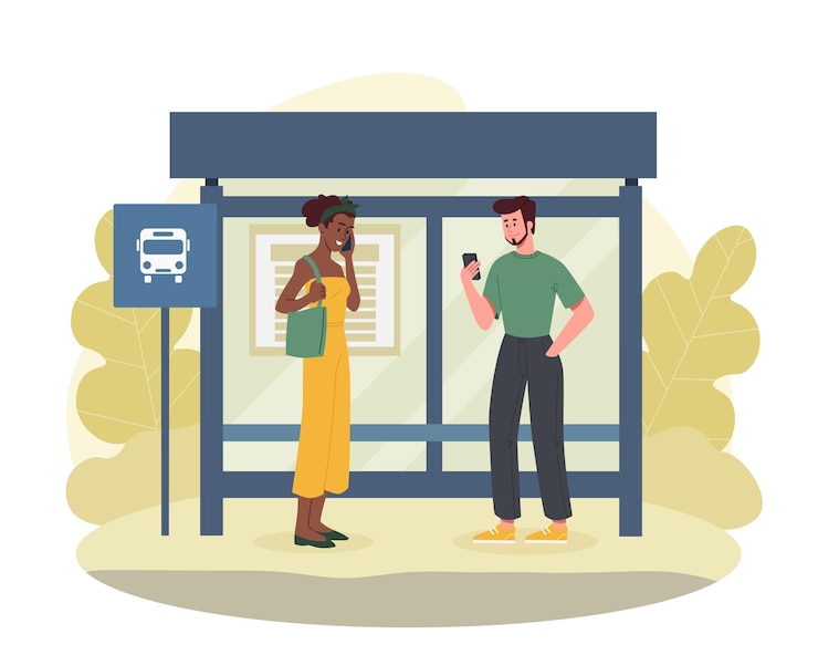 Vector people waiting their bus at bus stop concept passengers waiting for city vehicle to get to home or