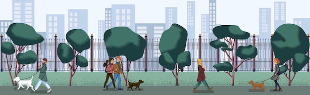 Люди гуляют по городскому парку с плоским дизайном