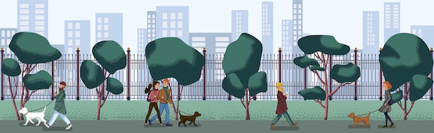 People walk along the city park flat design