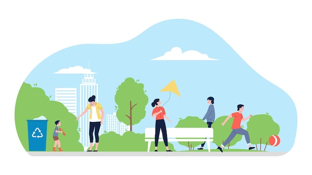 Vector people walk in city park flat cute characters play in ball and kite baby with mother outdoor resting summer vector vacation in town scene of park city lifestyle walk illustration