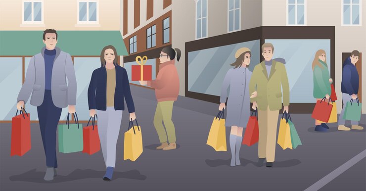 Vector people walk down the street after shopping