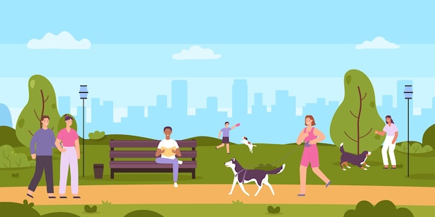 People walk in public park Cartoon woman running with pet man sitting on bench and reading book Couple walking