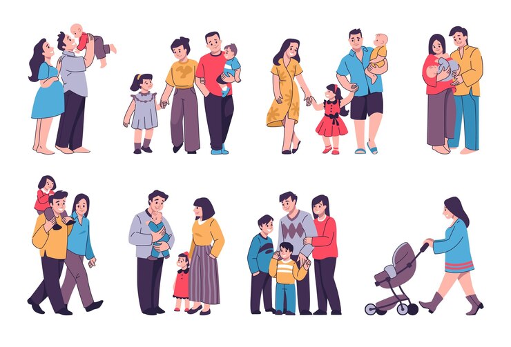 Vector people walk together happy family parents with children father and mother hugging newborn baby couples and kids pregnant woman outdoor strolls set vector cartoon illustrations