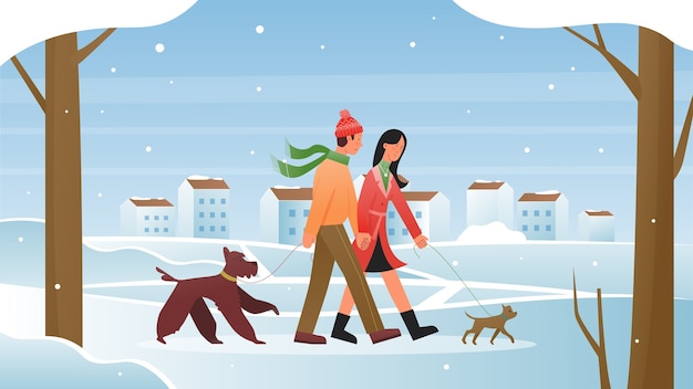 Vector people walk in winter illustration