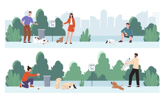 개와 함께 산책하는 사람들 거리에서 애완동물과 함께 행복한 주인들 도시 공원에서 강아지와 함께 남자와 여자가 일상과 가정 업무 백색 배경에 고립된 만화 평평한  ⁇ 터 컬렉션