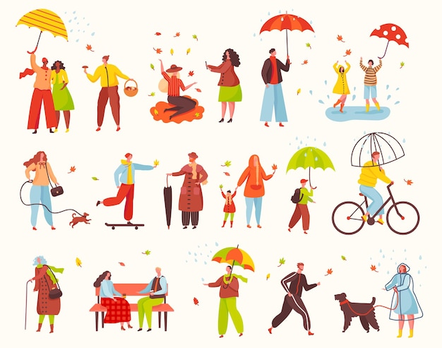 사람들은 가을 시즌 공원 캐릭터가 자전거 산책 개 벡터 세트를 탈 때 비 아래 우산을 들고 걷습니다.