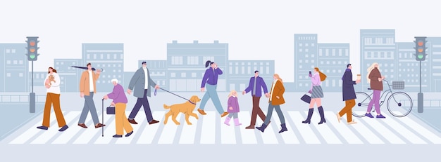 People walking on crosswalk street Modern populated city and crowd Business person kids and pets owner walk on pedestrian kicky vector urban scene of crosswalk street people illustration