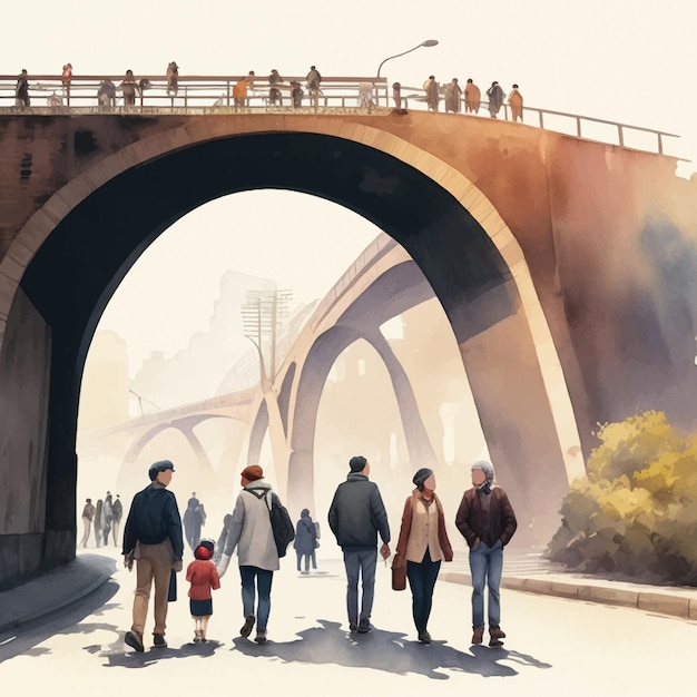 People walking under the flyover