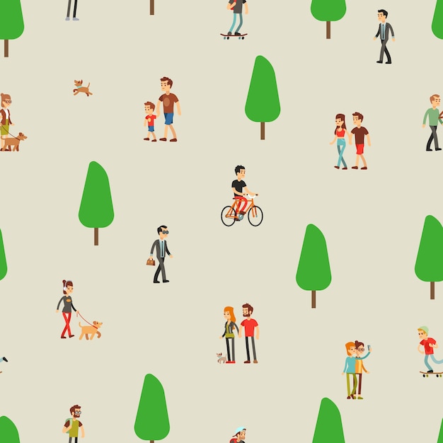 Persone che camminano. donna dell'uomo sul modello senza cuciture di attività all'aperto di natura, coppia e famiglia. lo skateboard, il bambino gioca con l'illustrazione vettoriale del cane. parco estivo all'aperto per famiglie