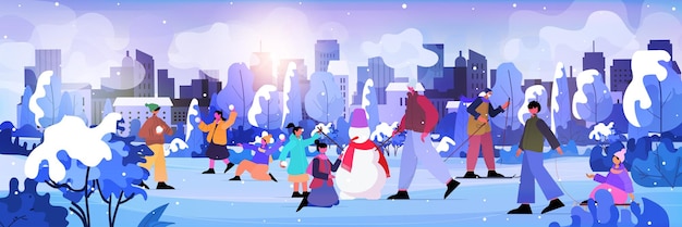 People walking in park men women and children doing winter activities christmas new year holidays celebration concept cityscape background horizontal full length vector illustration