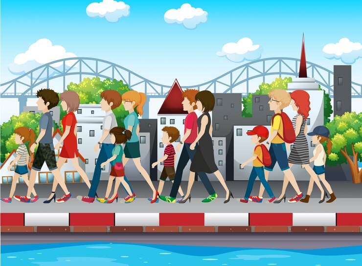 Vector people walking on pavement in city