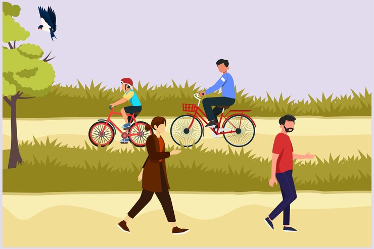 वेक्टर people walking playing riding bicycle at city park activities outdoors concept colored vector
