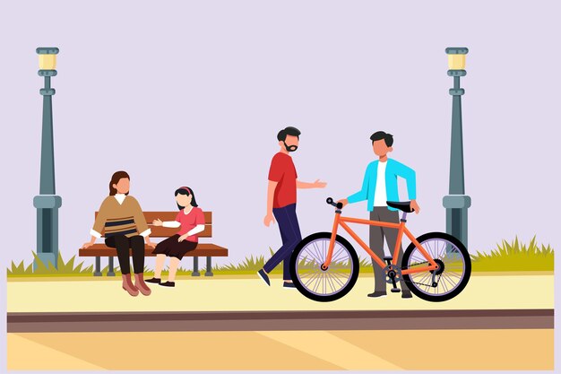 街の公園で歩いて遊んでいる人自転車に乗っている人屋外活動のコンセプトカラーベクトル