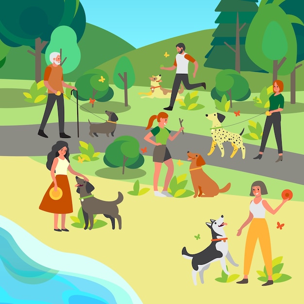 산책하고 공원에서 개와 노는 사람들. 행복한 여성과 남성 캐릭터와 애완 동물이 함께 시간을 보냅니다. 동물과 사람 사이의 우정.