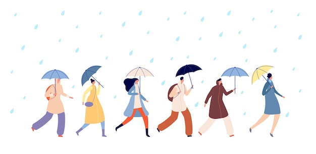 People walking rainy weather. adult with umbrella, man girl walk on rain. autumn season water drops, adult person go in storm vector. season rain autumn, people with umbrella going illustration