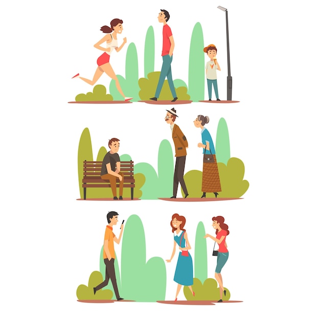 Vector people walking relaxing and doing sports in park men women and children enjoying nature outdoors vector illustration on white background