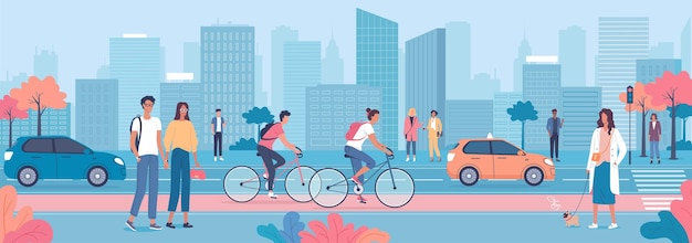 Vector people walking and riding bicycle cars in the blue color cityscape