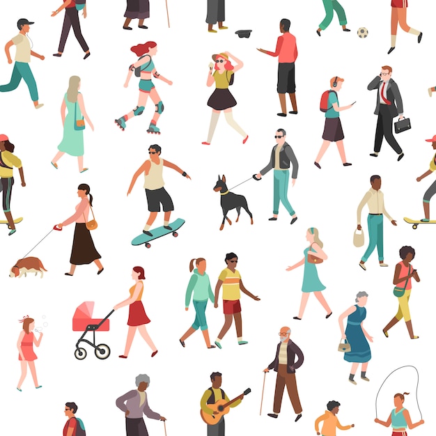 People walking seamless pattern. Women men children group person walk city crowd family park outdoor activity