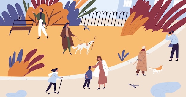 Persone che camminano e trascorrono del tempo insieme all'illustrazione piatta di vettore del parco autunnale. uomo, donna e bambini si rilassano, fotografano, guidano su monopattino e giocano con il cane. attività all'aperto stagionale.