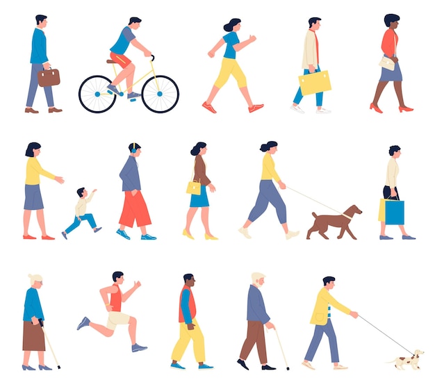 People walking Summer person isolated women men walk Tourist and sportsman businessperson and female with shopping bag recent vector set