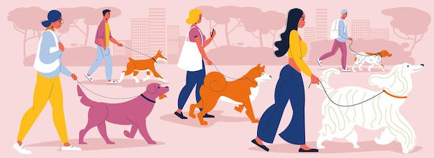 Vector people walking their dogs of different breeds on leash in city flat illustration