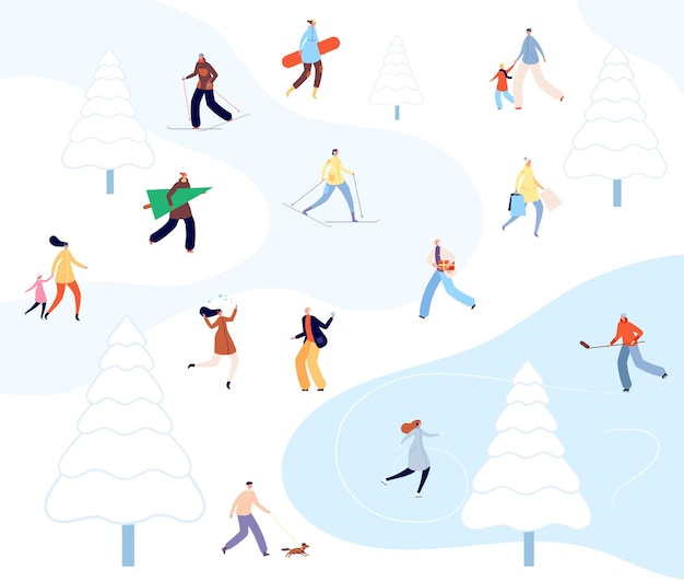 Persone che camminano nel parco invernale. attività di coppia di cartoni animati, persona che scia sulla natura. passeggiata sulla neve, pattinaggio familiare urbano su illustrazione vettoriale di ghiaccio. stagione della neve inverno, sci e pattinaggio, snowboarder nel parco