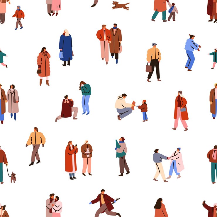 Vector people walking in winter, seamless pattern. endless background, repeating print, happy characters, families, children in snow street, outdoor on wintertime, christmas holiday. flat vector illustration