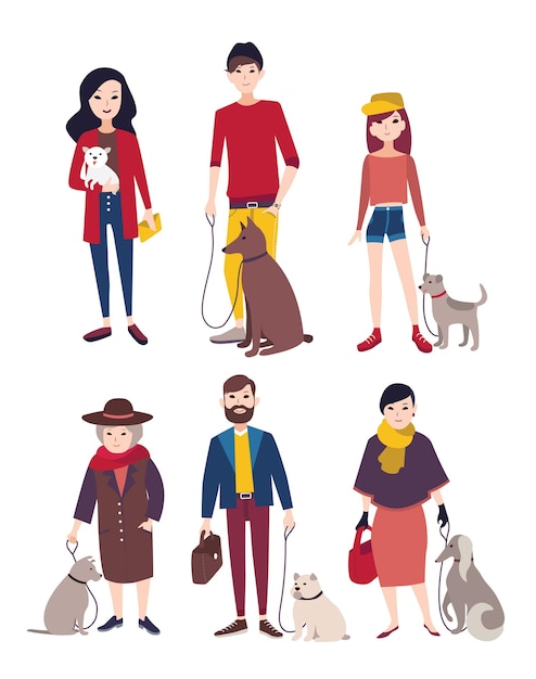 Vector people walking with his dogs of different breeds. colorful flat illustration.