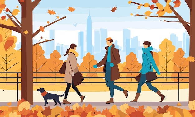 People in warm clothes outdoor activity in the autumn park Flat 2D Vector illustration