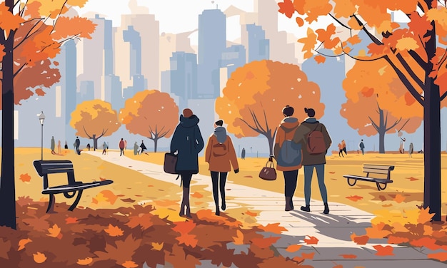 가을 공원 플랫 2D 벡터 그림에서 따뜻한 옷을 입고 야외 활동을 하는 사람들