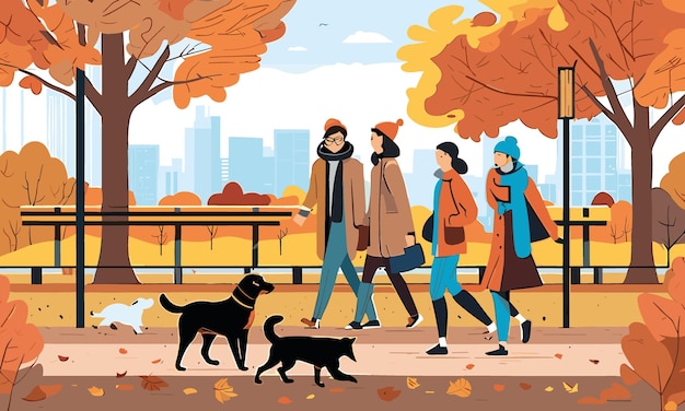 Vector people in warm clothes outdoor activity in the autumn park flat 2d vector illustration