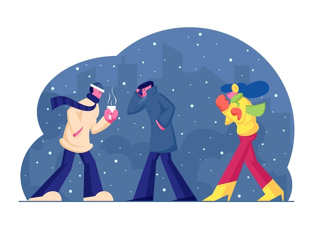 People in warm clothes walking on street in cold weather with snow and wind on cityscape background, cartoon flat  illustration