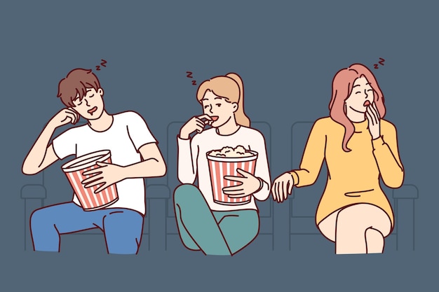 Vector people watch boring movie at cinema and fall asleep with buckets of popcorn in hands