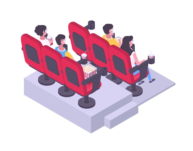 Vector people watching film isometric movie theatre visitors sitting in cinema red chairs with popcorn soda pop and 3d glasses vector illustration on white background