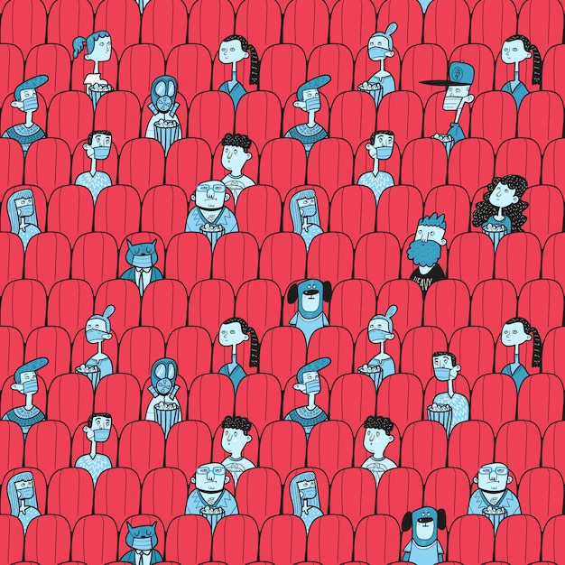 Persone che guardano film nella sala cinematografica. distanze sociali dopo covid-19
