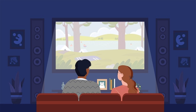 Vector people watching movie concept man and woman sit on red armchairs and watch film on big screen series art and creativity event leisure and rest entertainment cartoon flat vector illustration