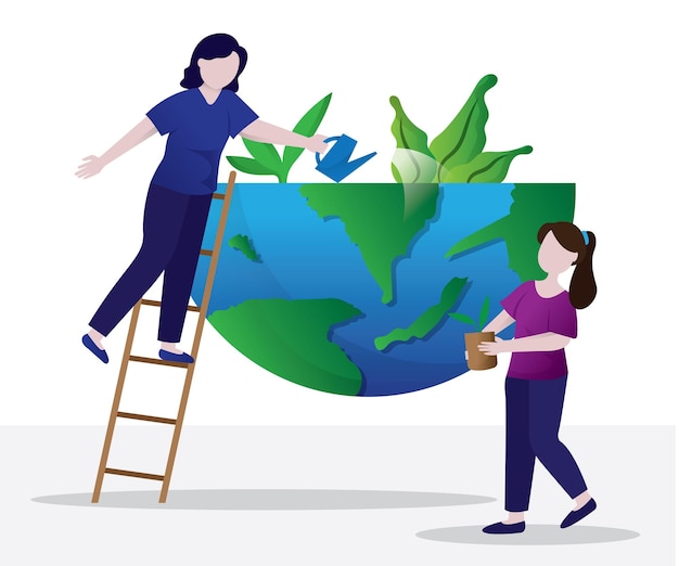 Vector people watering and growing plants nature illustration for earth day concept environmental icon