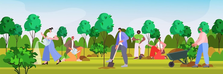 Vector people watering and planting trees in park co2 limit emissions idea volunteering charity social concept
