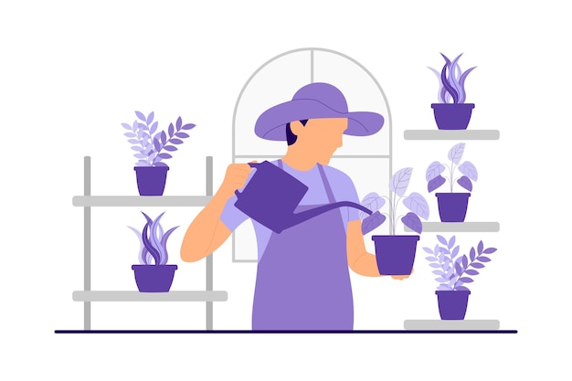 people watering plants concept premium vector