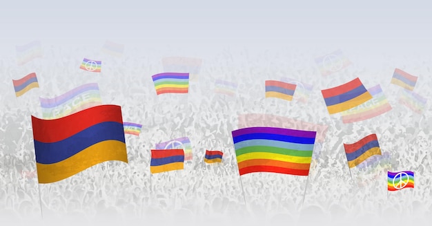 People waving Peace flags and flags of Armenia