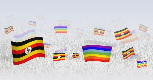 Люди размахивают флагами мира и флагами Уганды