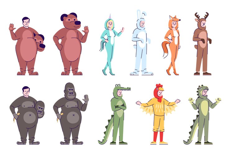 Vector people wearing animal costumes flat vector illustrations set
